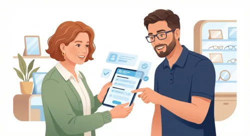 Óptico ofreciendo el servicio de revisión de retina a un cliente en la óptica.