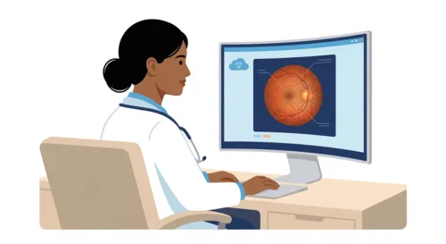 Oftalmóloga revisando imágenes de retina en un monitor para evaluación remota.